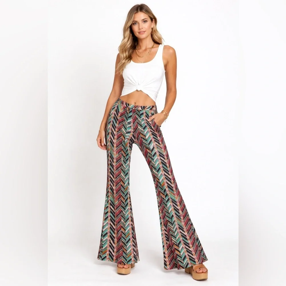 Wrangler Multicolor Chevron Bold Print Palazzo Flare Pants Retro Bohemian Medium